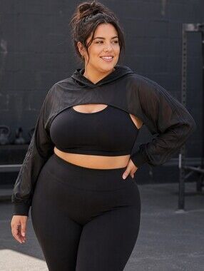 Adidas Plus Size 4x: Women's Black Cropped Sheer Hoodie: Black Stripes